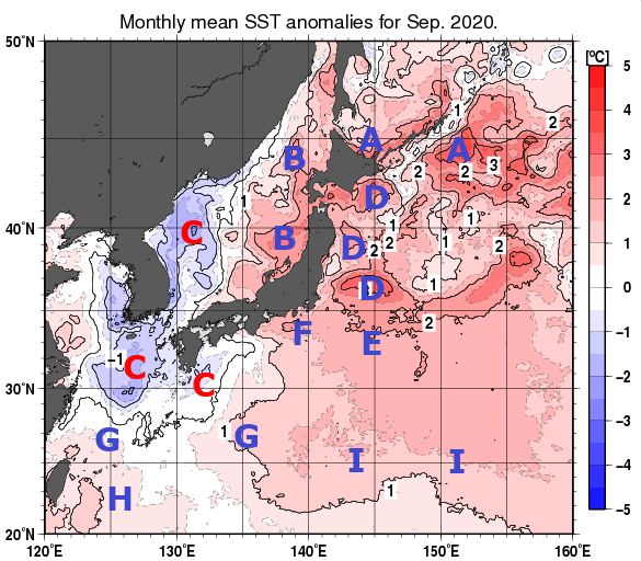 日本近海の月平均海面水温平年差分布図（2020年9月）