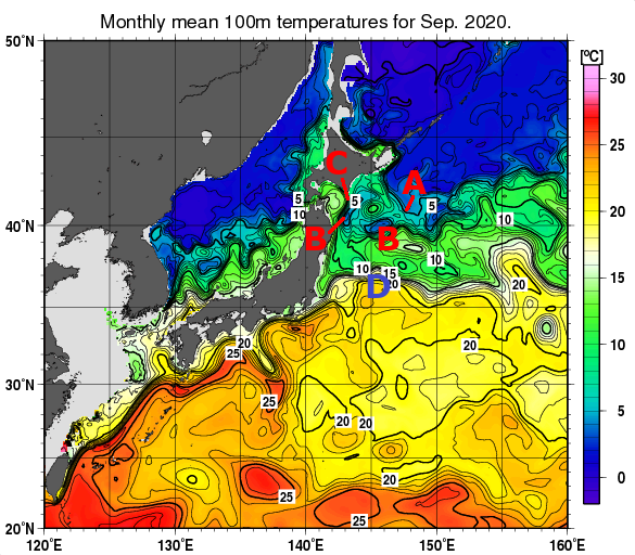 日本近海の深さ100mの月平均水温分布図（2020年9月）