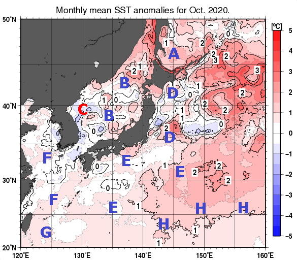 日本近海の月平均海面水温平年差分布図（2020年10月）