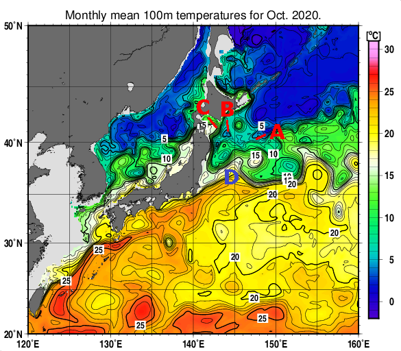 日本近海の深さ100mの月平均水温分布図（2020年10月）