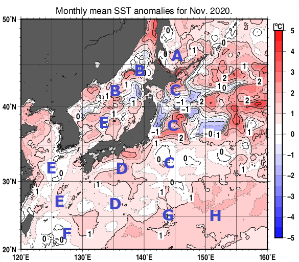 日本近海の月平均海面水温平年差分布図（2020年11月）