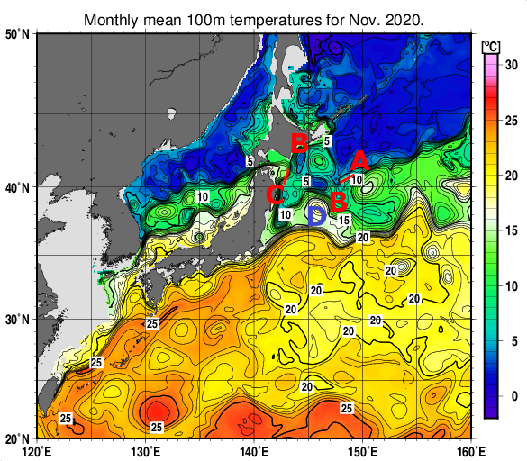 日本近海の深さ100mの月平均水温分布図（2020年11月）