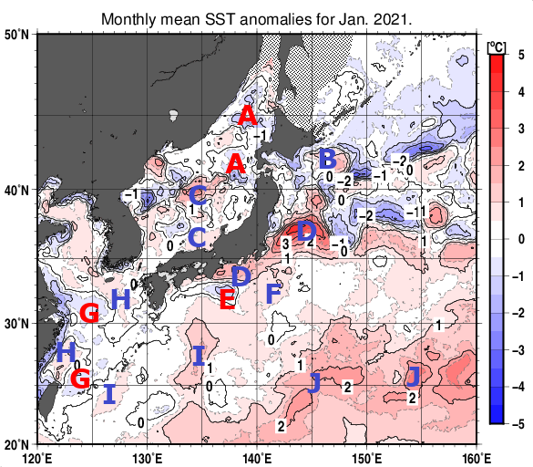 日本近海の月平均海面水温平年差分布図（2021年1月）