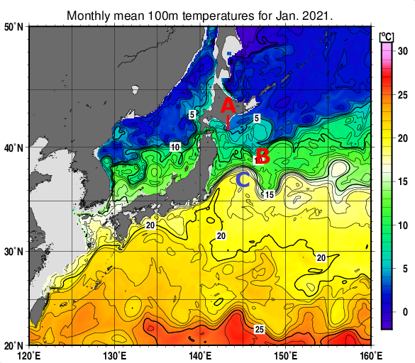 日本近海の深さ100mの月平均水温分布図（2021年1月）