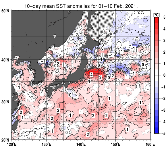 日本近海の旬平均海面水温平年差分布図（2021年2月上旬）