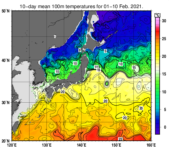 日本近海の深さ100mの旬平均水温分布図（2021年2月上旬）