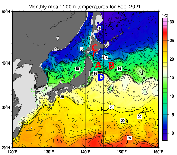日本近海の深さ100mの月平均水温分布図（2021年2月）