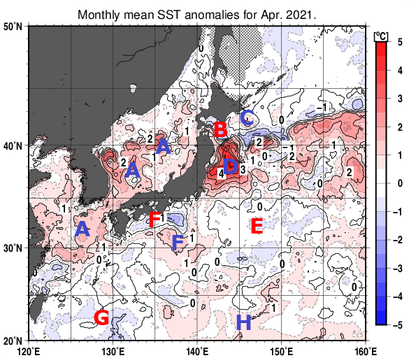 日本近海の月平均海面水温平年差分布図（2021年4月）