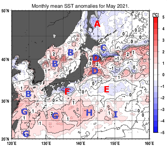 日本近海の月平均海面水温平年差分布図（2021年5月）