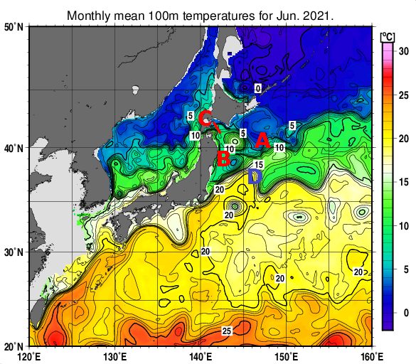 日本近海の深さ100mの月平均水温分布図（2021年6月）