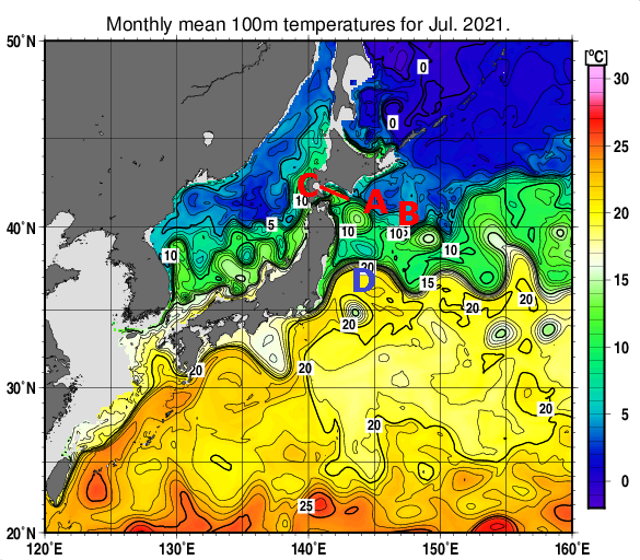 日本近海の深さ100mの月平均水温分布図（2021年7月）