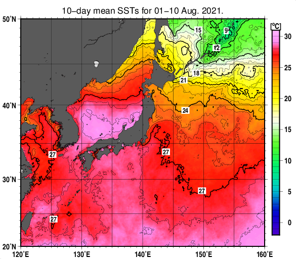 日本近海の旬平均海面水温分布図（2021年8月上旬）