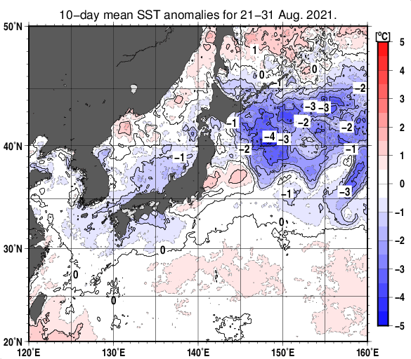 日本近海の旬平均海面水温平年差分布図（2021年8月下旬）