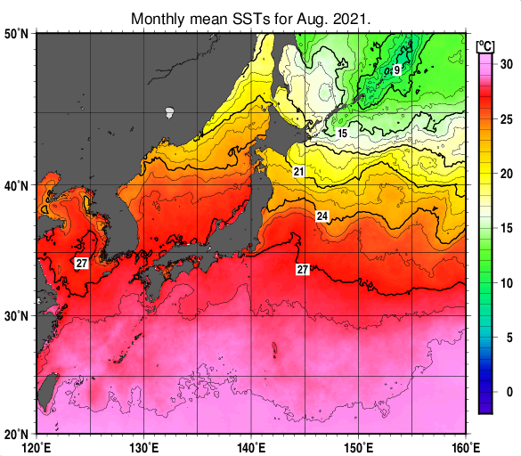 日本近海の月平均海面水温分布図（2021年8月）