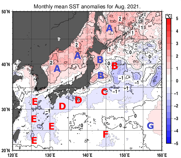 日本近海の月平均海面水温平年差分布図（2021年8月）