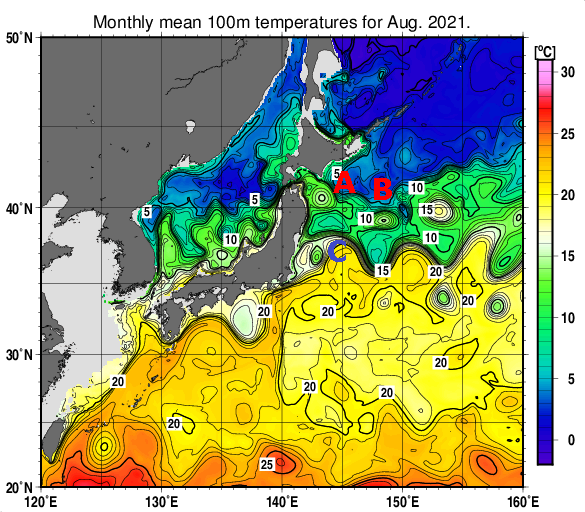 日本近海の深さ100mの月平均水温分布図（2021年8月）