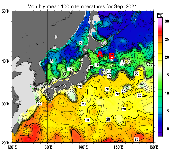 日本近海の深さ100mの月平均水温分布図（2021年9月）