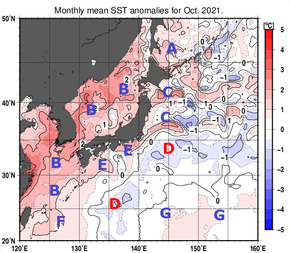 日本近海の月平均海面水温平年差分布図（2021年10月）