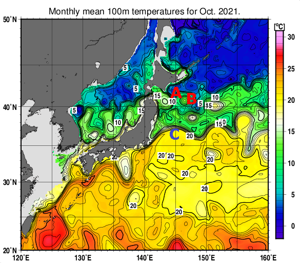 日本近海の深さ100mの月平均水温分布図（2021年10月）