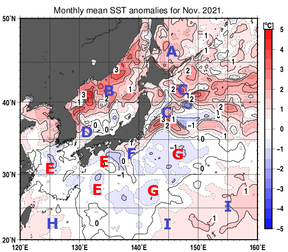 日本近海の月平均海面水温平年差分布図（2021年11月）