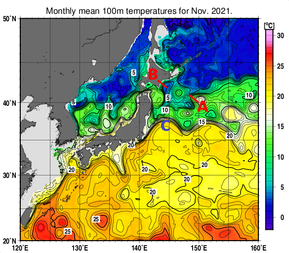 日本近海の深さ100mの月平均水温分布図（2021年11月）