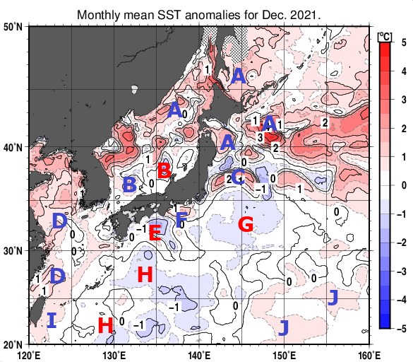 日本近海の月平均海面水温平年差分布図（2021年12月）