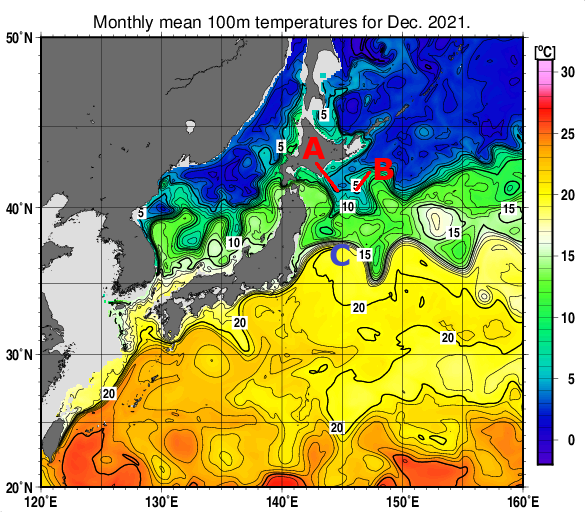 日本近海の深さ100mの月平均水温分布図（2021年12月）