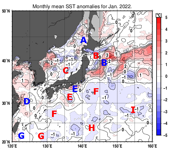 日本近海の月平均海面水温平年差分布図（2022年1月）