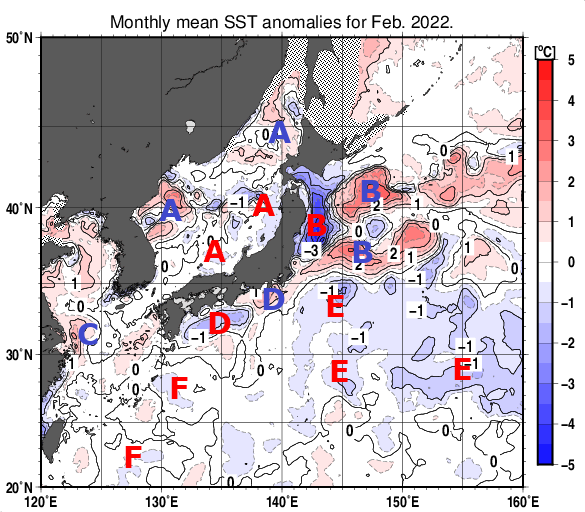 日本近海の月平均海面水温平年差分布図（2022年2月）
