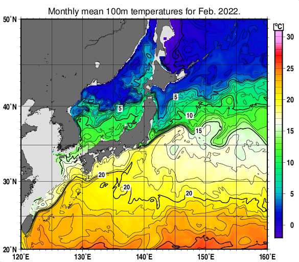 日本近海の深さ100mの月平均水温分布図（2022年2月）