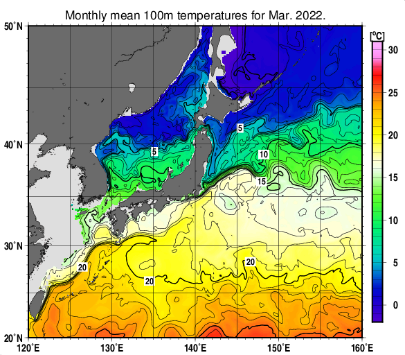 日本近海の深さ100mの月平均水温分布図（2022年3月）