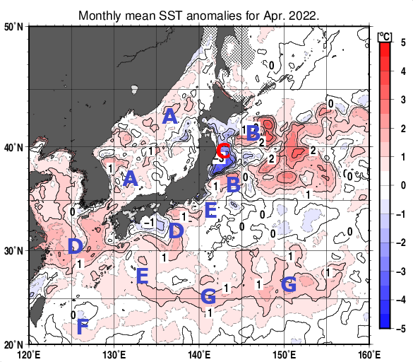 日本近海の月平均海面水温平年差分布図（2022年4月）