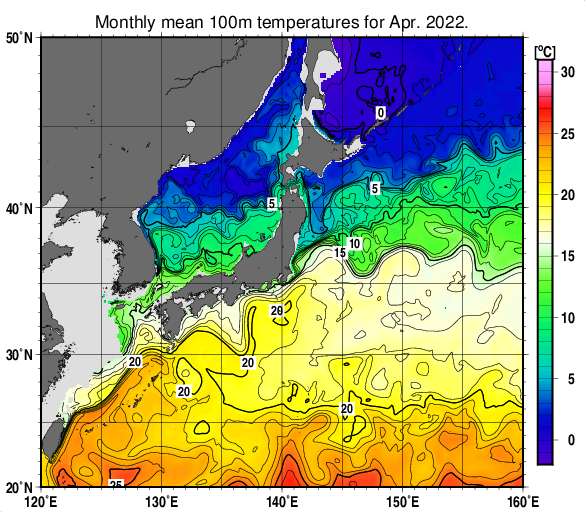 日本近海の深さ100mの月平均水温分布図（2022年4月）
