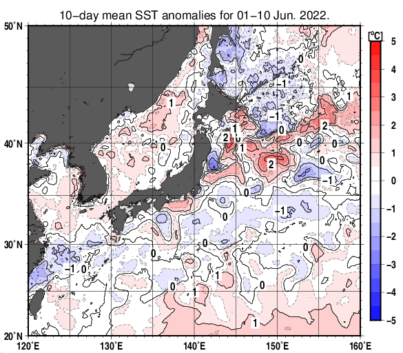 日本近海の旬平均海面水温平年差分布図（2022年6月上旬）