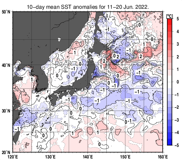 日本近海の旬平均海面水温平年差分布図（2022年6月中旬）
