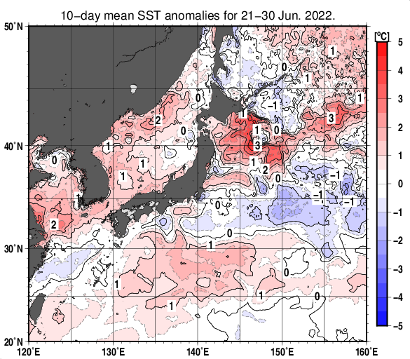 日本近海の旬平均海面水温平年差分布図（2022年6月下旬）
