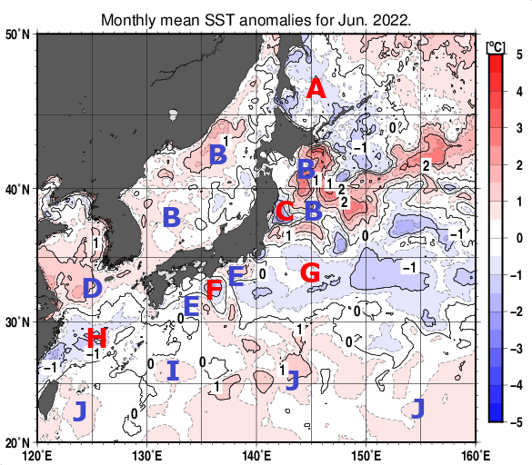 日本近海の月平均海面水温平年差分布図（2022年6月）