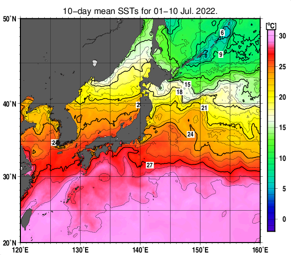 日本近海の旬平均海面水温分布図（2022年7月上旬）