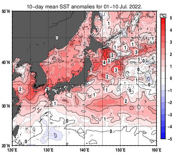 日本近海の旬平均海面水温平年差分布図（2022年7月上旬）