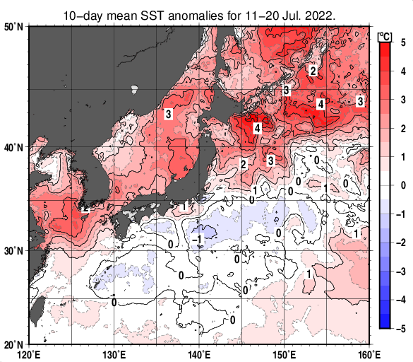 日本近海の旬平均海面水温平年差分布図（2022年7月中旬）