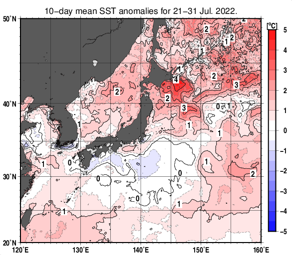 日本近海の旬平均海面水温平年差分布図（2022年7月下旬）
