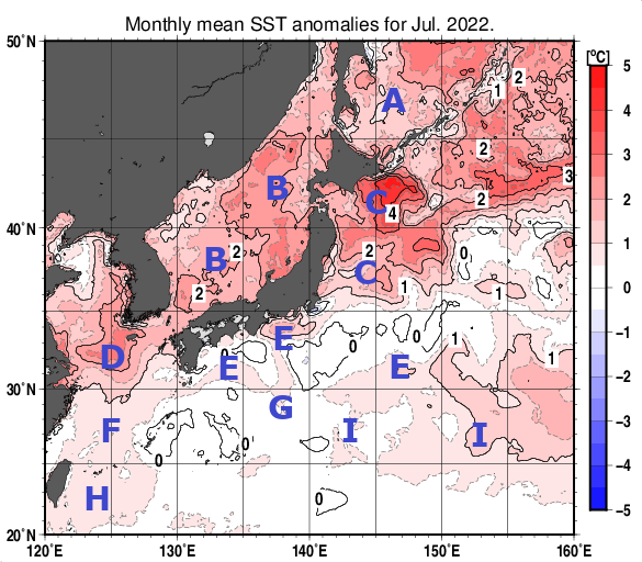 日本近海の月平均海面水温平年差分布図（2022年7月）