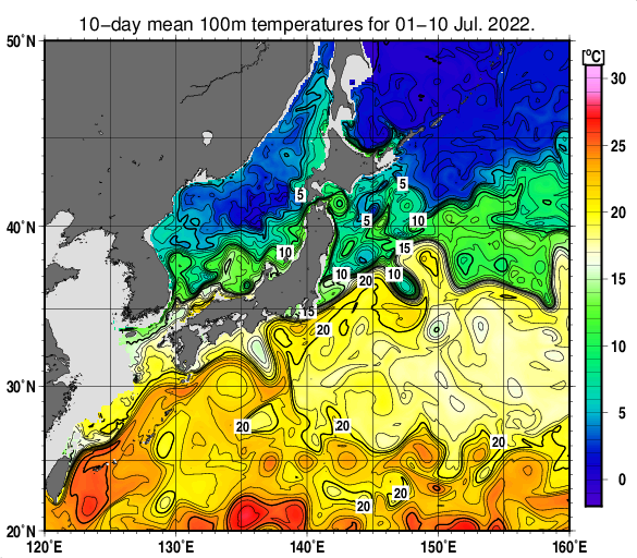 日本近海の深さ100mの旬平均水温分布図（2022年7月上旬）
