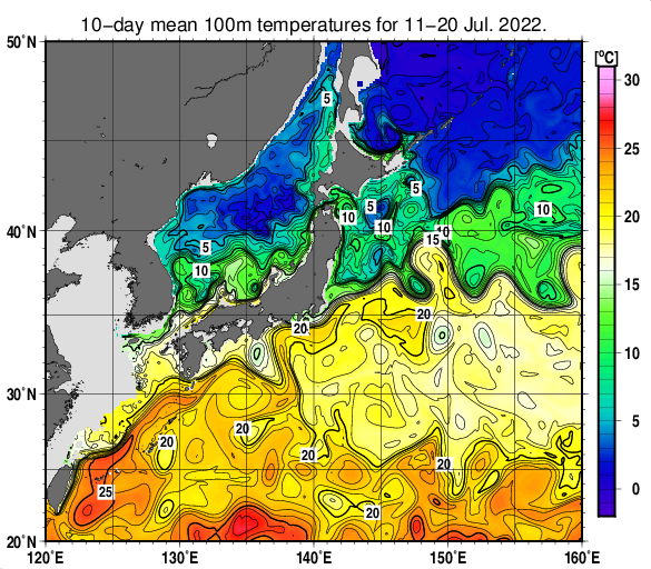 日本近海の深さ100mの旬平均水温分布図（2022年7月中旬）