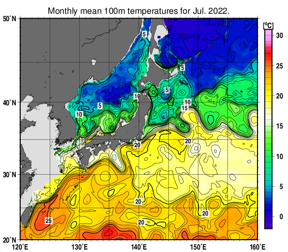 日本近海の深さ100mの月平均水温分布図（2022年7月）
