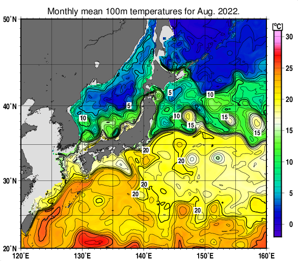 日本近海の深さ100mの月平均水温分布図（2022年8月）