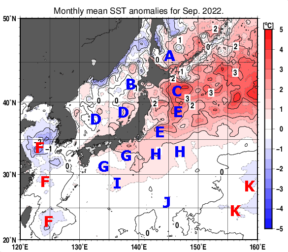 日本近海の月平均海面水温平年差分布図（2022年9月）