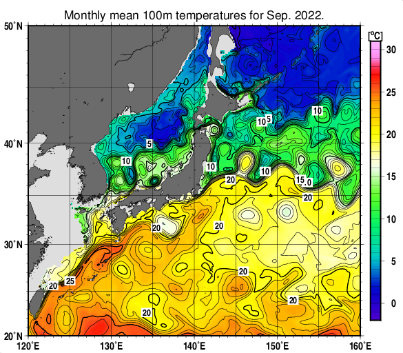 日本近海の深さ100mの月平均水温分布図（2022年9月）