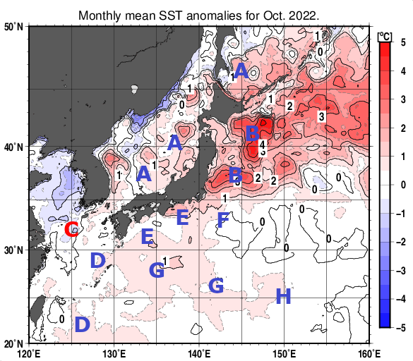 日本近海の月平均海面水温平年差分布図（2022年10月）