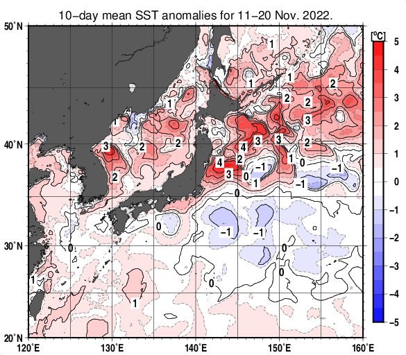日本近海の旬平均海面水温平年差分布図（2022年11月中旬）
